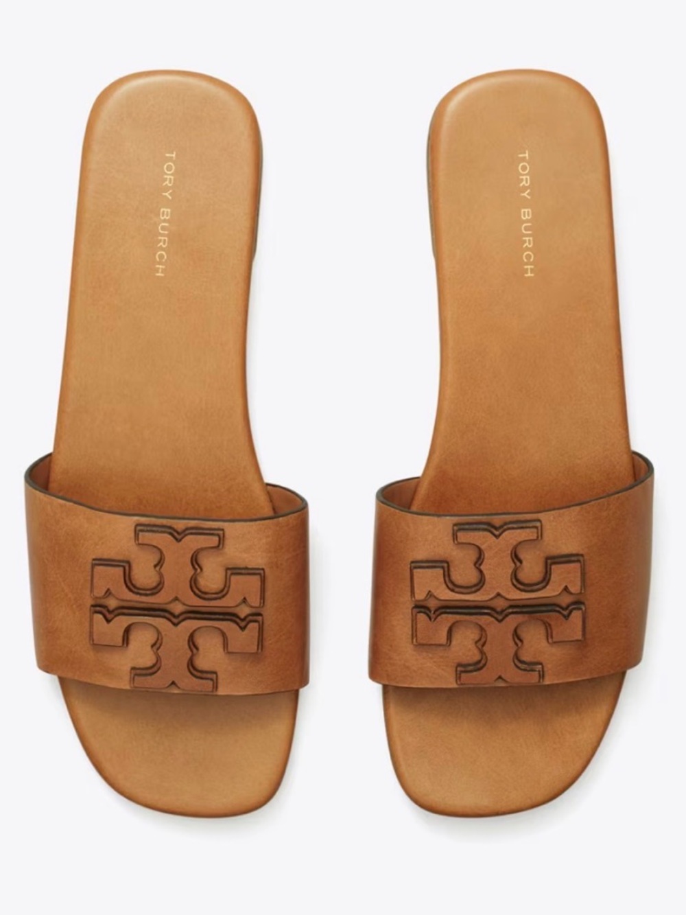 Tory Burch Cognac Tan Leather Logo Slide Sandals